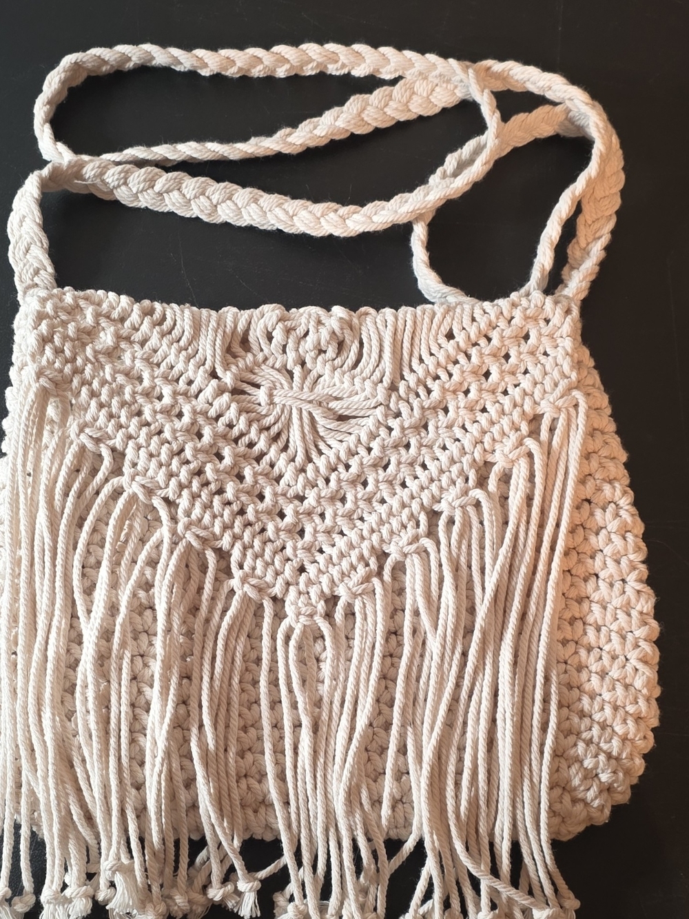 Handcrafted Macramé Fringe Crossbody Bag in Cream